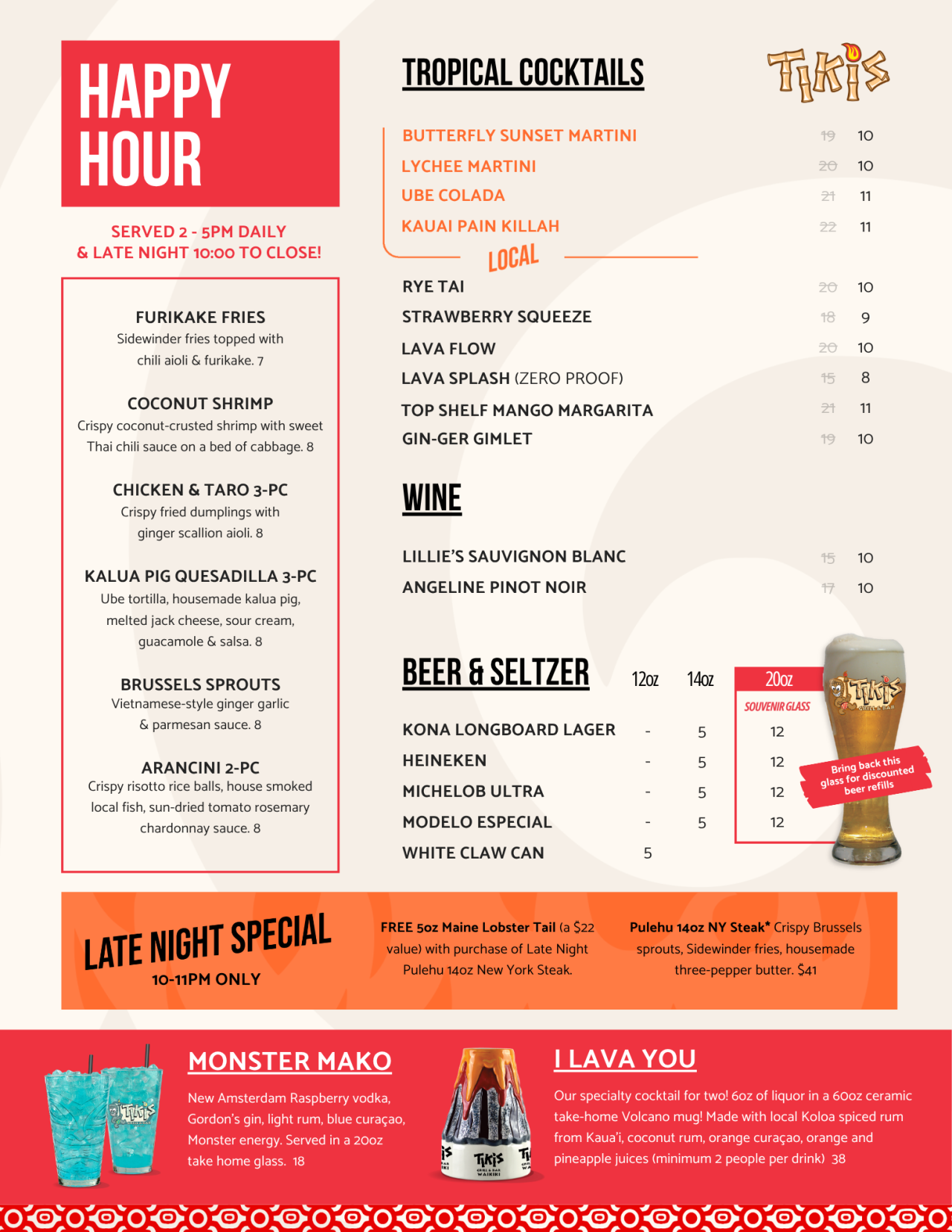 Happy hour is here! Join us daily from 2–5 PM and 10:00 PM 'til closing for our new Happy Hour menu, featuring delicious pupus and refreshing drinks. It's the perfect way to unwind and enjoy a true taste of Waikiki!